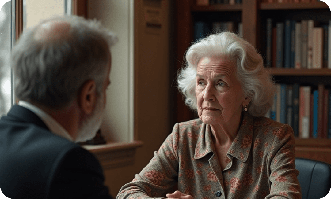Lawyer discussing case details with elderly client